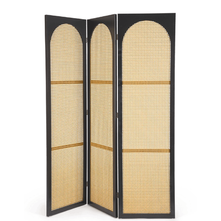 Paravento 3A josine nero in struttura in legno di pino, inserto di rattan 150 x 2 x 180 cm