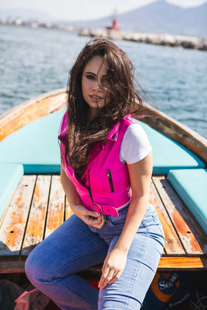 Kiki---Gilet-Donna-Rosa-Fluo-in-vera-pelle-smanicato