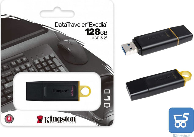 Kingston Chiavetta 128Gb DataTraveler Exodia DTX/128GB Flash Drive USB 3.2 Gen 1 - con Tappo Cappuccio Protettivo e Anello Portachiavi colore nero