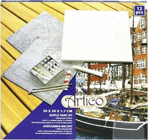 Kit-12-Pezzi-Attrezzi-Per-Pittura-Dipinto-Colori-Pennelli-Tela-30x30-Cm-Artico