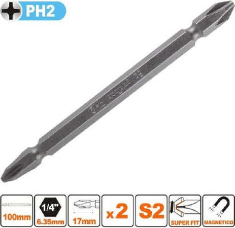 Kit-2-Pezzi-Di-Bits-Da-100mm-A-Doppia-Testa-S2-Punte-A-Croce-Magnetica-Ph2-57241