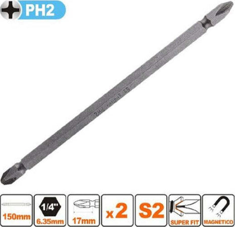 Kit-2-Pezzi-Di-Bits-Da-150mm-A-Doppia-Testa-S2-Punte-A-Croce-Magnetica-Ph2-57242