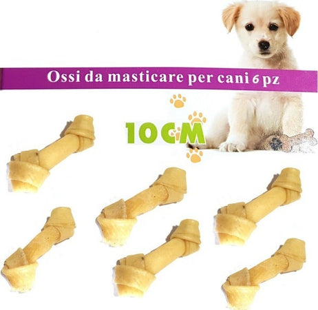 Kit-6-Ossa-Cane-Da-Masticare-Pelle-Bovino-Osso-Cani-10cm-Snack-Annodato-Igiene