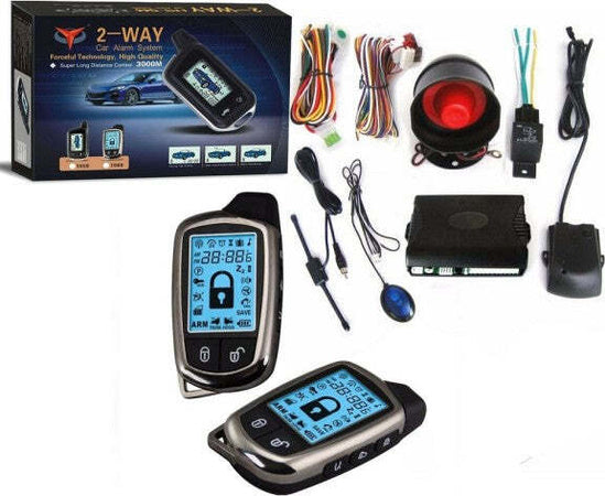 Kit-Allarme-Antifurto-Auto-Completo-2-Telecomandi-2-Vie-Lcd-Sirena-Centralina