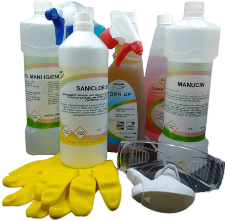 Kit Detergenza per Ristorazione o Generico Multiambiente 1Gel Igienizzante Mani +1Cloroattivo +1 Det. Base Alcool +1Igienizzante Profumato +1Anticalcare +1Decarbonizzante +1Det. Vetri Ecc. Mechim