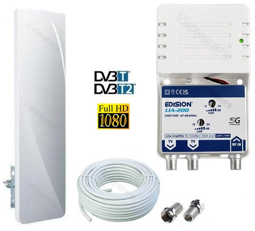 Kit completo Digitale Terrestre Antenna UHF Flat da esterno passiva con Amplificatore Antenna TV di linea da interno 24dB UHF VHF con filtro 5G LTE 1 Ingresso / 2 Uscite