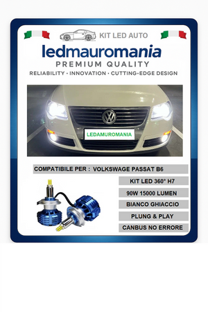 KIT LED H7 PER VOLKSWAGEN PASSAT B6 NO ERROR CANBUS 6000K 90W 15000LUMEN BIANCO FREDDO