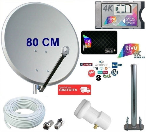 Kit satellitare da 80 CM per ricezione canali Tivùsat con modulo CAM Ci+ e Tessera Tivusat 4K ULTRA HD