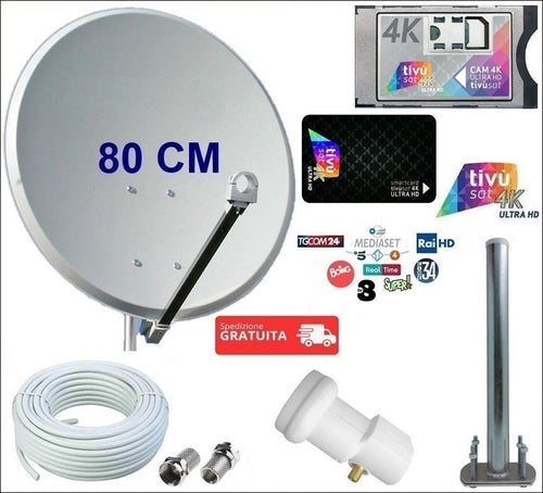 Kit satellitare da 80 CM per ricezione canali Tivùsat con modulo CAM Ci+ e Tessera Tivusat 4K ULTRA HD