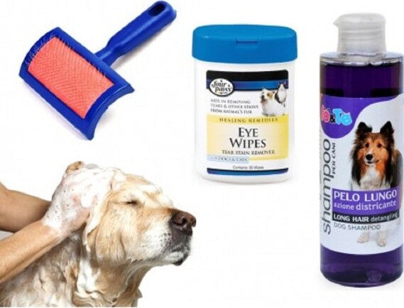 Kit-Pulizia-Cani-Shampoo-Azione-Districante-Salviettine-Spazzola-Cardatore-Pelo-Lungo
