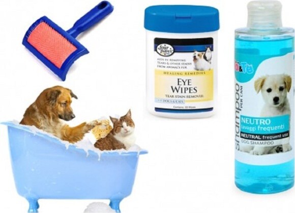 Kit-Pulizia-Cani-Shampoo-Neutro-Salviettine-Spazzola-Cardatore-Lavaggi-Frequenti