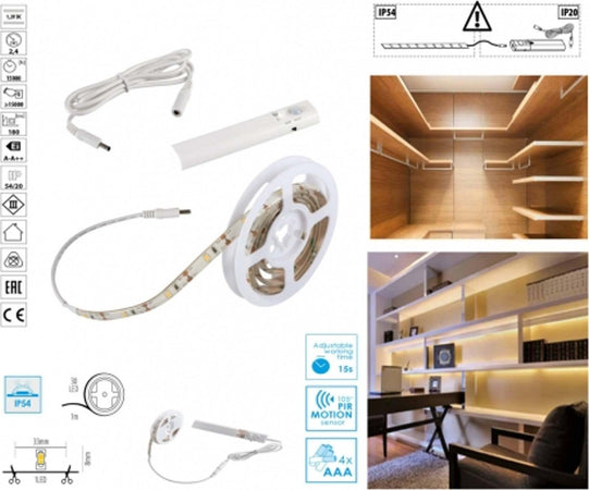 KIT STRISCIA LED CON SENSORE MOVIMENTO BIANCO CALDO 3000K 2,4W 180LM A BATTERIE Illuminazione/Strisce LED Trade Shop italia - Napoli, Commerciovirtuoso.it