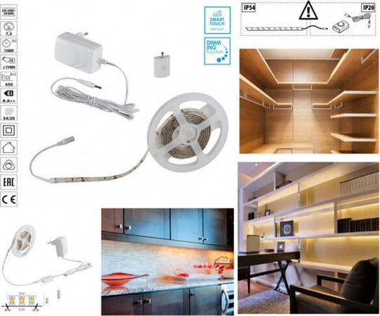 Kit-Striscia-Led-Con-Tasto-Interruttore-Touch-Dimmer-Bianco-Caldo-3000k-7,5-Watt