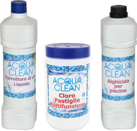 Kit trattamento base per acqua Piscina con cloro multifunzione, alghicida e correttore ph -