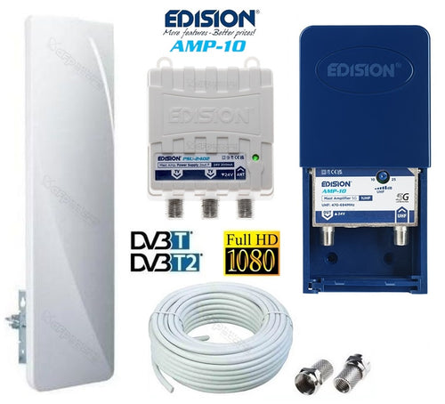 Kit completo Digitale Terrestre Antenna UHF Flat da esterno passiva con Amplificatore da 20DB 1 Ingresso / 2 Uscite