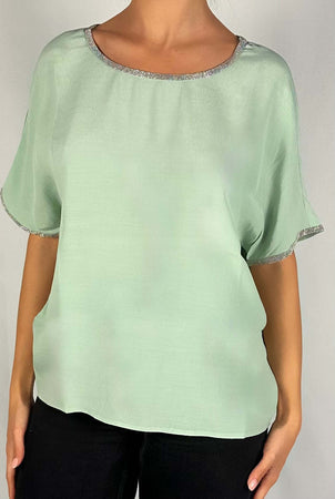 Kocca-Blusa-A-Maniche-Corte-Con-Rifiniture-Brillanti-Drultok-Verde-Polvere-Donna
