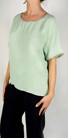Kocca-Blusa-A-Maniche-Corte-Con-Rifiniture-Brillanti-Drultok-Verde-Polvere-Donna