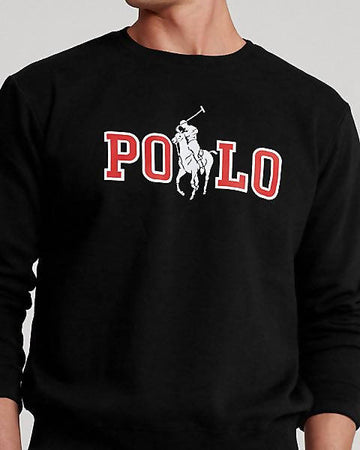 Ralph Lauren Felpa Uomo Nera Maxi Logo Polo Big Pony Girocollo Felpa Tinta Unita Nera Scritta Rossa