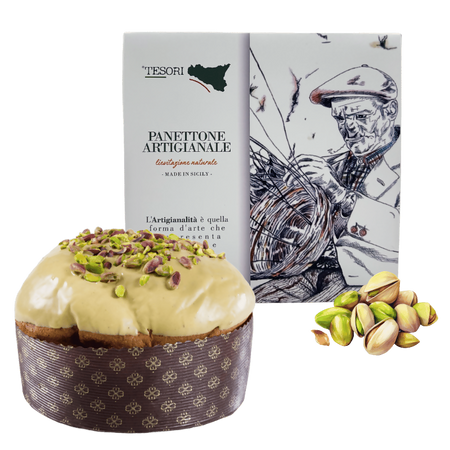 Tesori di sicilia panettone artigianale al pistacchio 1kg, scatola siciliana "ù nonno pino" panettone a lievitazione naturale, idea regalo natale