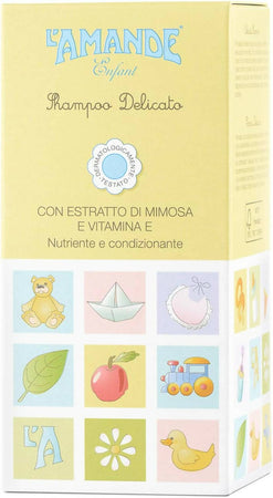 L'amande - Shampoo Bambini E Neonati Con Vitamina E Ed Estratto Di Mimosa, Gel Detergente Neonato Delicato E Idratante Per Pelli Sensibili, Sapone Liquido Capelli Morbidi E Vellutati - Enfant, 200 Ml