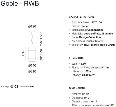 Lampada a sospensione LED Artemide Gople Lamp RWB