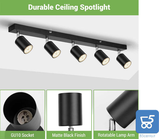 Lampada da Parete e Soffitto con 5 Lampadine GU10 2700K Bianco Caldo 550LM 6W