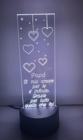LAMPADA IN PLEXIGLASS REGALO FESTA DEL PAPA' CUORE FRASI AMORE PERSONALIZZATA LUCE LED RGB