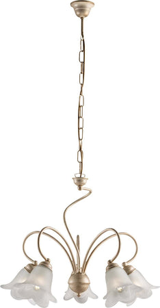 Lampadario-5-Luci-Alice-Ferro-Battuto-Avorio-E-Oro-Vetro-Bianco