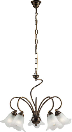 Lampadario-5-Luci-Alice-Ferro-Battuto-Marrone-E-Oro-Vetro-Bianco