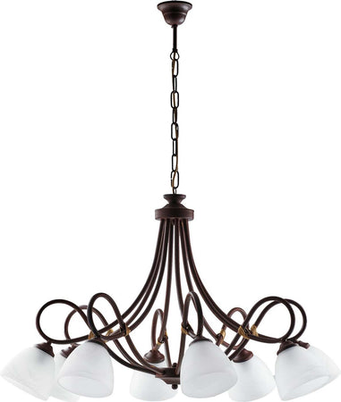 Lampadario-8-Luci-Dallas-Ferro-Battuto-Nero-E-Ruggine-Vetro-Bianco