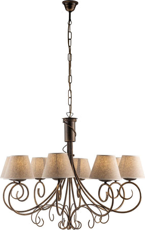 Lampadario-8-Luci-Vienna-Ferro-Marrone-E-Oro-Con-Paralumi-In-Pvc
