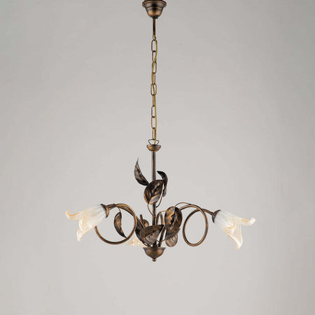 Lampadario-Classico-3-Luci-con-Foglie-Ferro-Battuto-e-Vetro-Bronzo-Serie-Limone