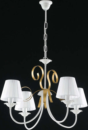 Lampadario-Classico-4-Luci-Ferro-Battuto-Bianco-e-Oro-con-Paralumi-Serie-Bandolo