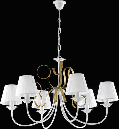 Lampadario-Classico-6-Luci-Ferro-Battuto-Bianco-e-Oro-con-Paralumi-Serie-Bandolo