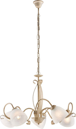 Lampadario-Classico-Forgiato-5-Luci-Ferro-Avorio-E-Oro-Vetro-Bianco