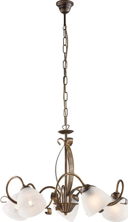 Lampadario-Classico-Forgiato-5-Luci-Ferro-Marrone-E-Oro-Vetro-Bianco