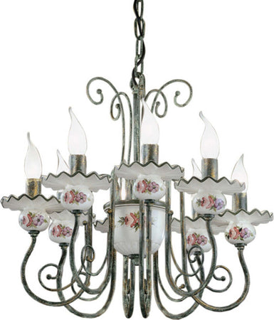 Lampadario-Classico-Sanremo-Metallo-E-Ceramica-Verde-Sfumato-Oro-8-Luci-E14