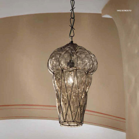 Lampadario-classico-Sylcom-TIEPOLO-1443-30-INOX-E14-LED-acciaio-vetro-soffiato-sospensione