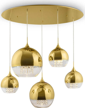 Lampadario-Contemporaneo-Fermi-Metallo-Oro-5-Luci-Diffusori-Vetro-E-Metallo