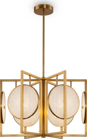 Lampadario-Contemporaneo-Marmo-Metallo-Oro-6-Luci-Diffusori-Bianchi