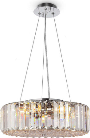 Lampadario-Contemporaneo-Recinto-Metallo-Cromo-6-Luci-Diffusori-Vetro-Trasp.