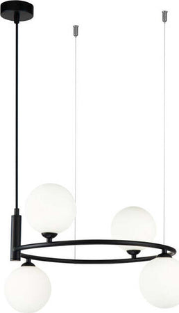 Lampadario-Contemporaneo-Ring-Metallo-Nero-4-Luci-E-Diffusori-Bianchi