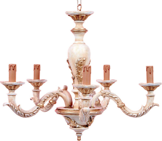 Lampadario-In-Legno-Classico-Crema-Decapè-Oro-5-Luci-Pavoncelle