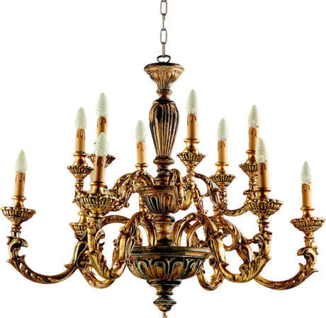 Lampadario-In-Legno-Classico-Marrone-Oro-Etrusco-12-Luci-Piccione