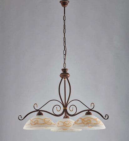 Lampadario-Rustico-3Luci-Ferro-Battuto-Nero-e-Ruggine-Vetro-Ambra-Serie-Faraone