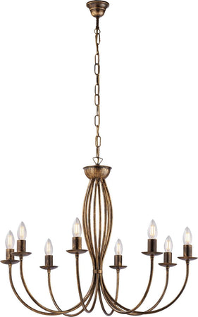 Lampadario-Rustico-Botte-8-Luci-In-Ferro-Battuto-Marrone-E-Oro