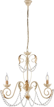 Lampadario-Shabby-Damasco-3-Luci-Ferro-Battuto-Avorio-E-Oro-Con-Cristalli