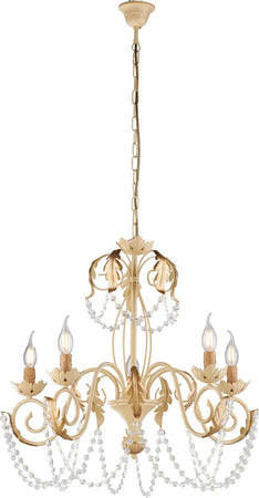Lampadario-Shabby-Damasco-5-Luci-Ferro-Battuto-Avorio-E-Oro-Con-Cristalli