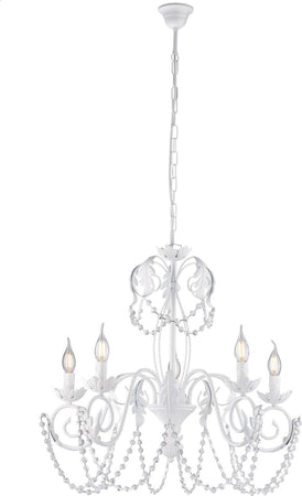 Lampadario-Shabby-Damasco-5-Luci-Ferro-Battuto-Bianco-E-Cristalli