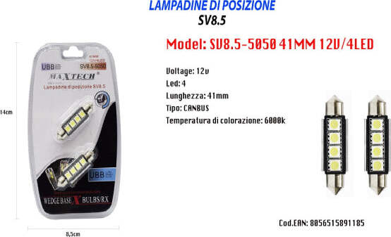 Lampadine-Di-Posizione-Lampadine-Ultra-Luminose-Maxtech-Sv8.5-5050-12v-4led-41mm